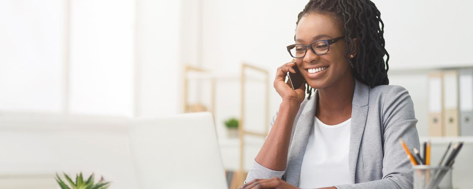 happy woman on phone